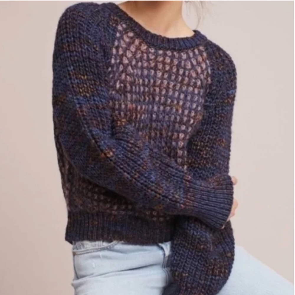 Anthropologie Navy Multicolor Open-Knit Crewneck Sweater
